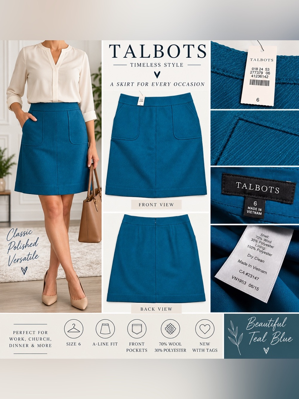 Talbots Teal Blue A-Line Skirt – Size 6 – NWT 💙